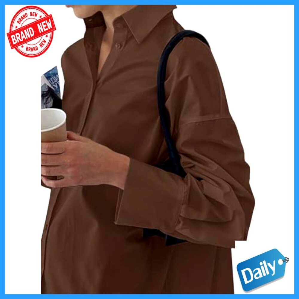 Casual Shirt Dress Collar V Neck Button Down Loose Long Sleeve Mini Dress - Picture 3 of 7